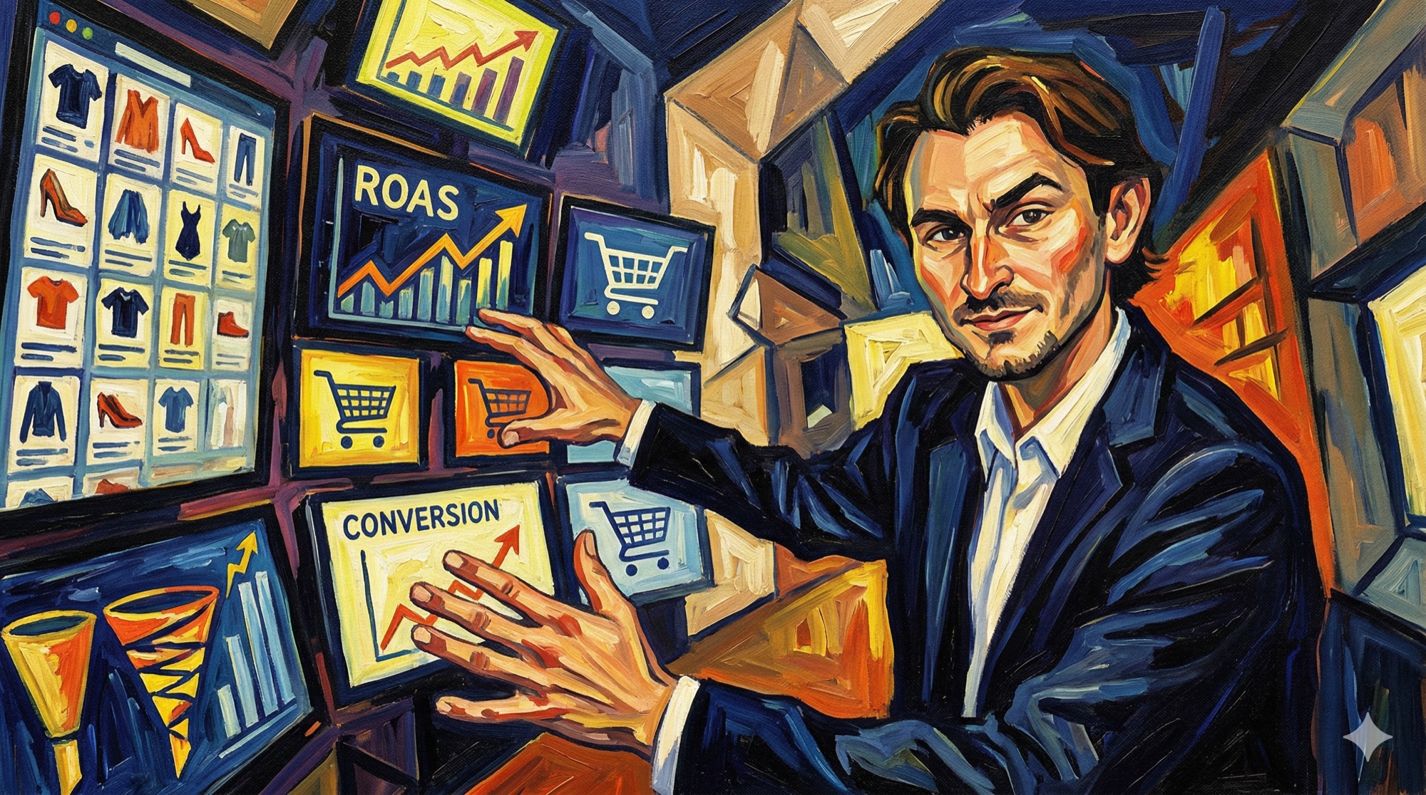 Expressionist oil painting of a figure analyzing ecommerce Google Ads dashboards with bold angular forms and vibrant colors