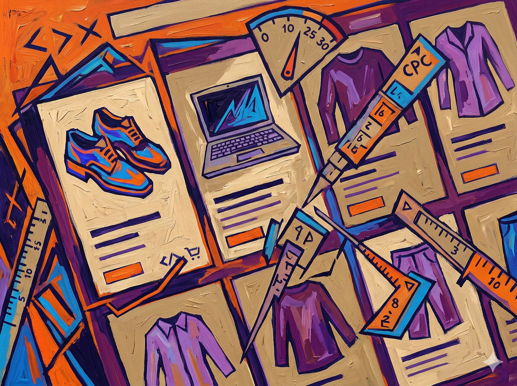 Expressionist depicting Google Shopping product feeds and campaign optimization with bold
