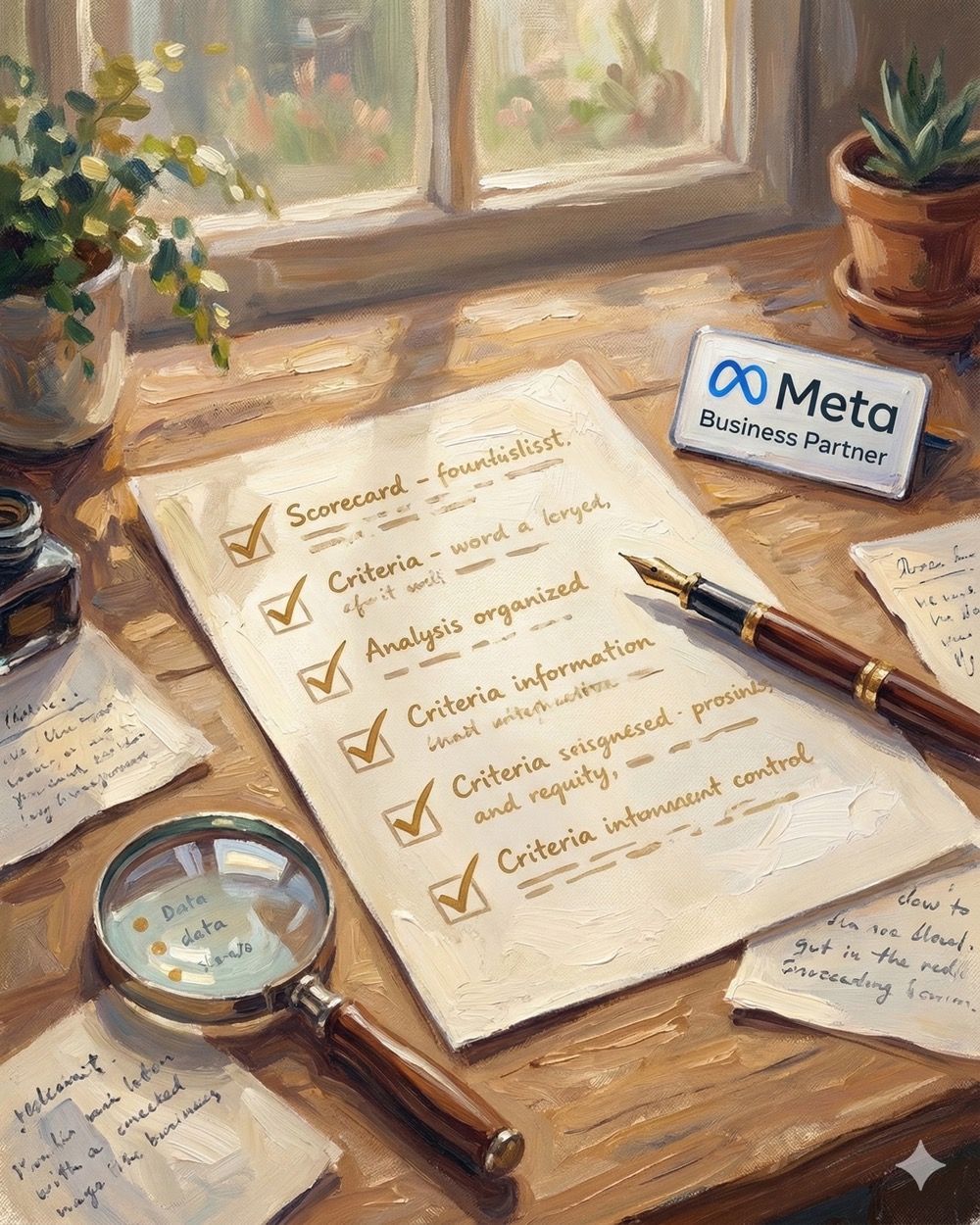An elegant checklist document on a wooden desk with six checkmarks in warm gold ink
