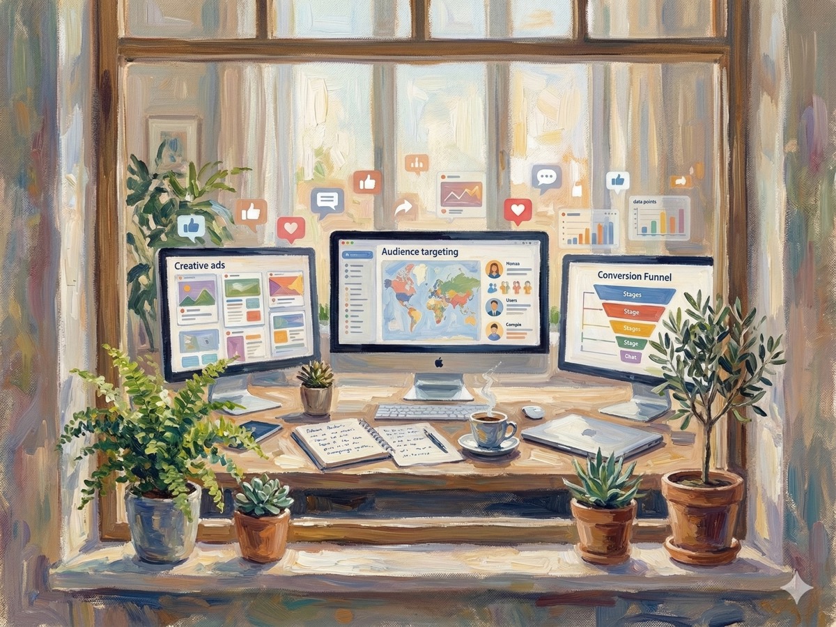 A modern workspace viewed through a window with natural light, showing screens displaying