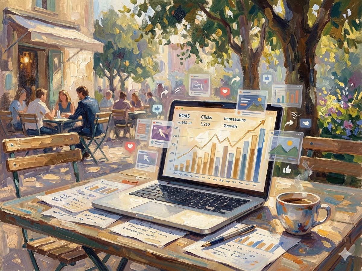 A desk scene with a glowing screen showing rising performance graphs in warm gold and blue