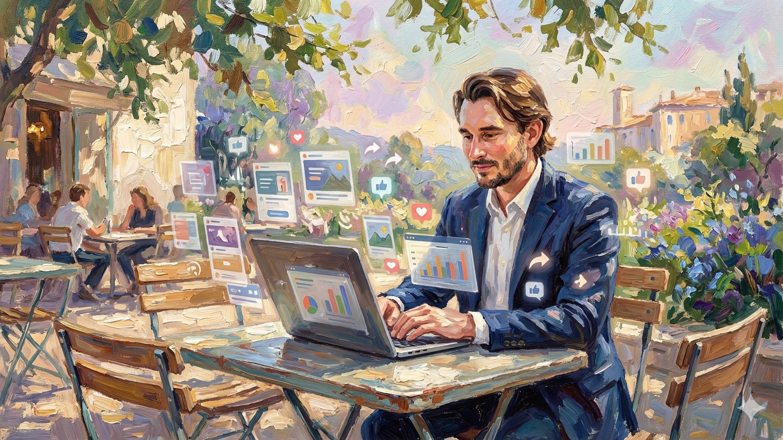 Impressionist oil painting in Monet style showing a figure reviewing advertising analytics at an outdoor cafe with dappled sunlight and warm atmospheric brushwork