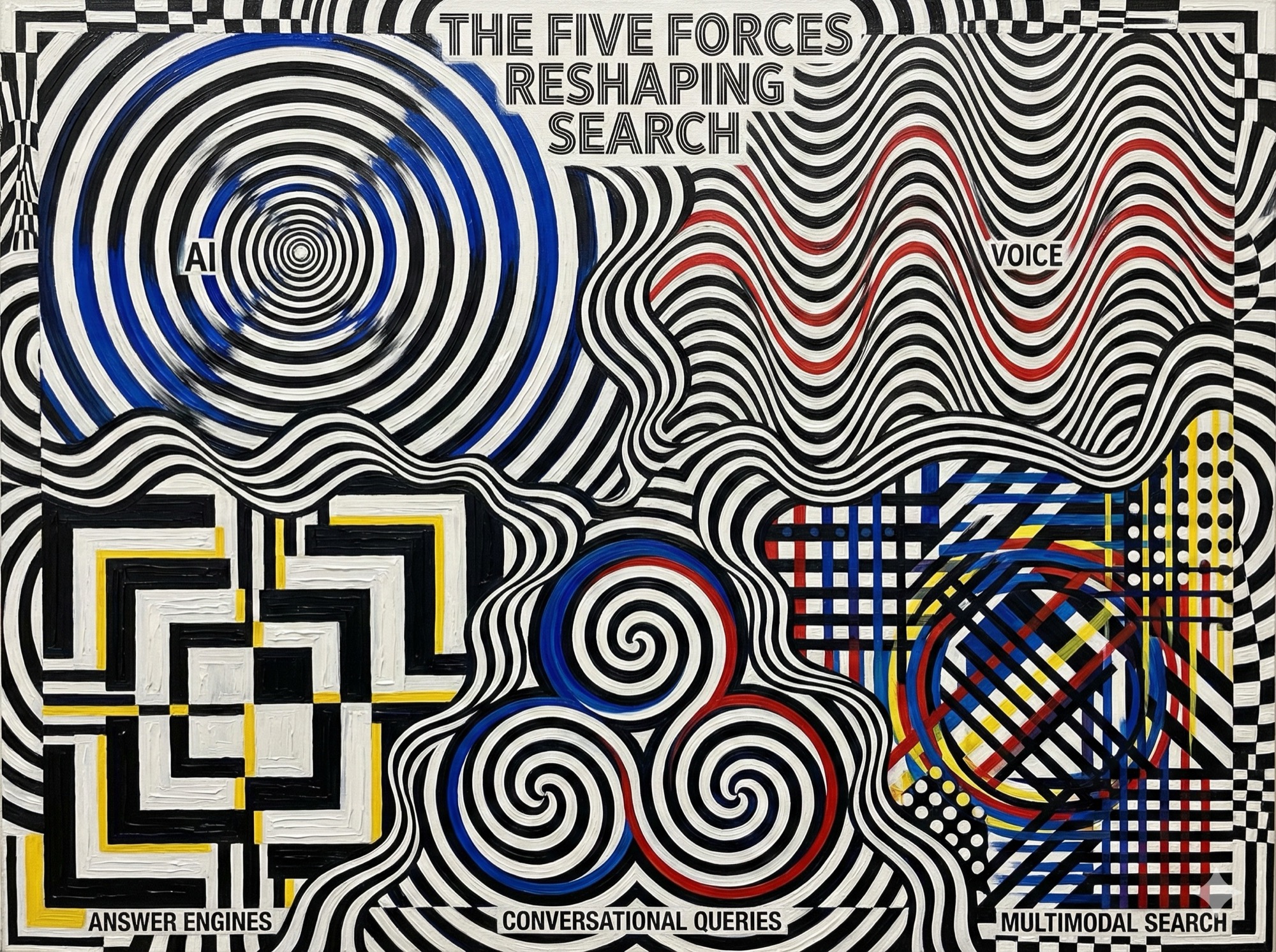 Five forces shaping the future of search visualized in Op Art style with distinct geometric patterns for AI voice answer engine multimodal and conversational search elements