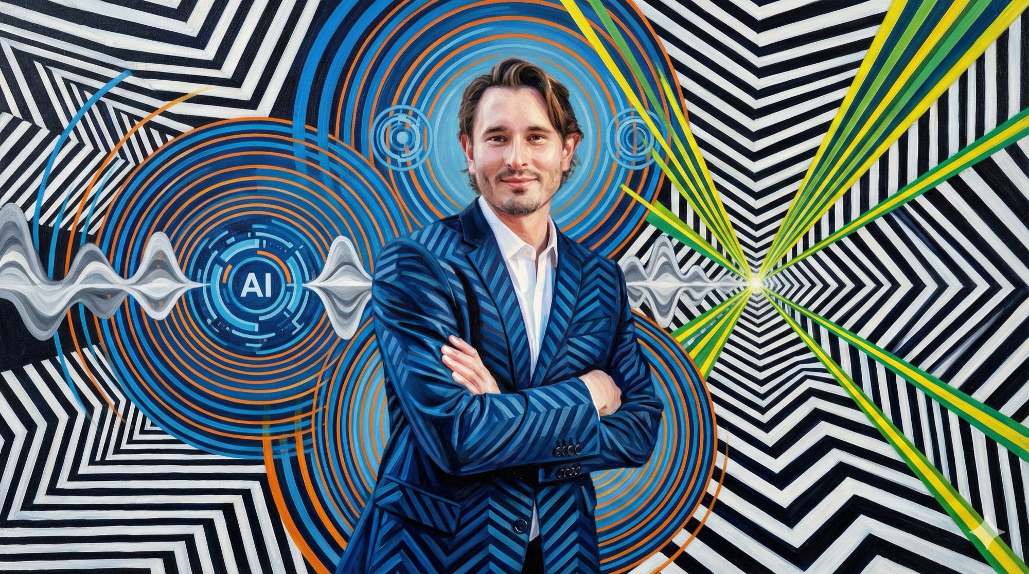 Marketing professional exploring the future of search in Bridget Riley Op Art style with high-contrast geometric patterns and optical illusions representing AI and voice search convergence