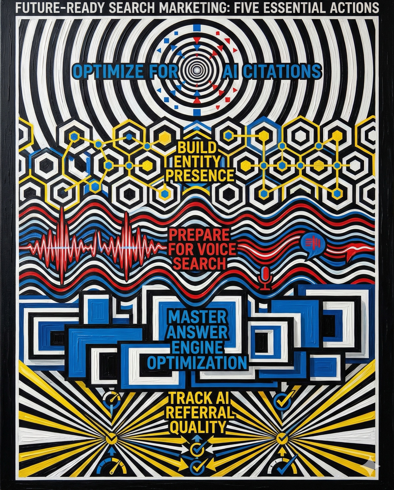 Five future of search marketing actions shown as vertical Op Art infographic with optical illusion patterns for AI citations entity presence voice search answer engine optimization and tracking