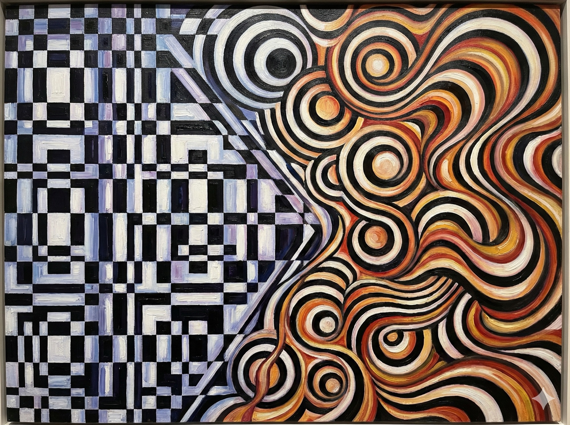 Traditional SEO versus future-ready SEO transformation depicted in Op Art style with contrasting static and dynamic geometric patterns showing evolution from keywords to entities