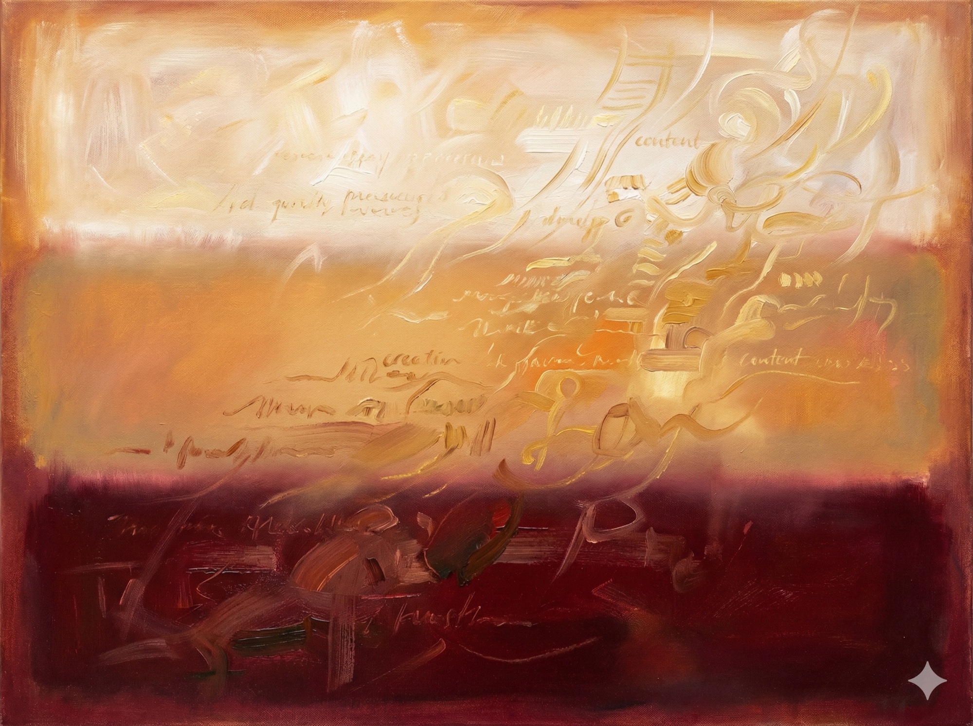 Color Field painting showing AI content creation transformation with three horizontal color rectangles transitioning from deep burgundy through warm orange-gold to luminous amber, representing marketing efficiency gains