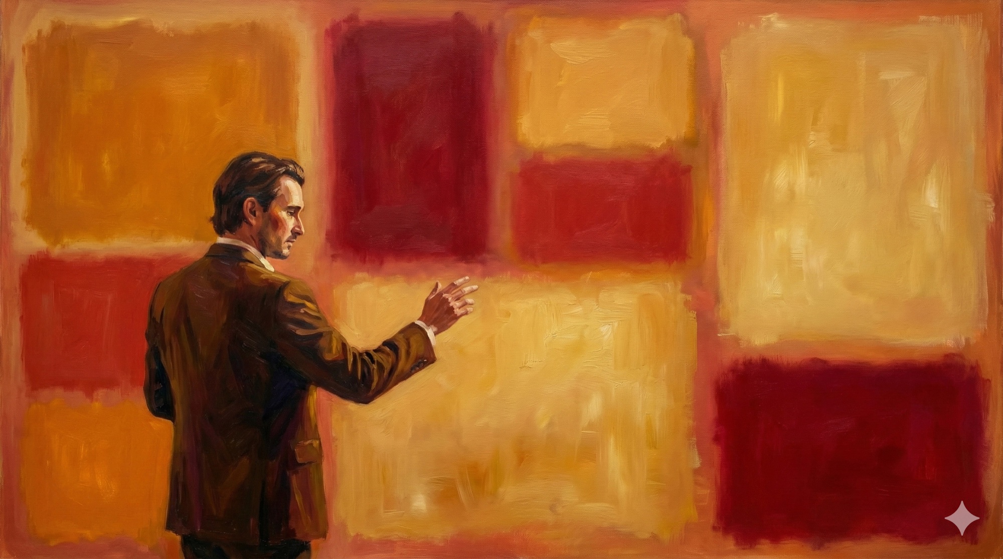 Marketing professional contemplating generative AI content creation possibilities, rendered in Mark Rothko's Color Field style with soft-edged color rectangles in warm amber, crimson, and ochre tones
