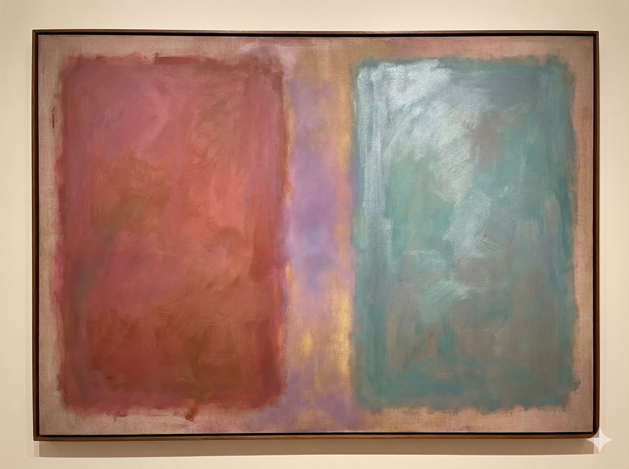 Color Field painting depicting human-AI content collaboration with adjacent warm rose-terracotta and cool teal-blue rectangles meeting in a luminous purple-gold transitional zone