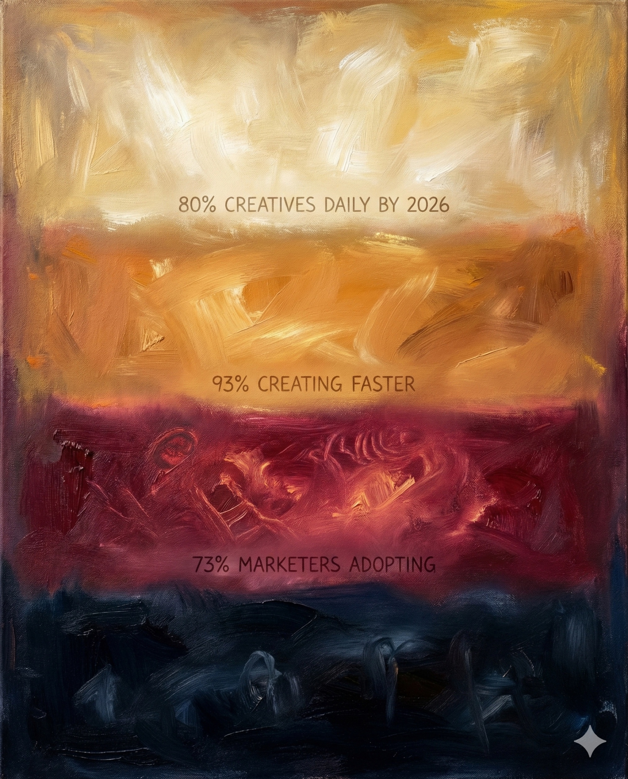 Vertical Color Field painting showing AI content creation evolution with four stacked horizontal color fields progressing from deep navy through crimson and amber to luminous gold, representing marketing AI adoption trends