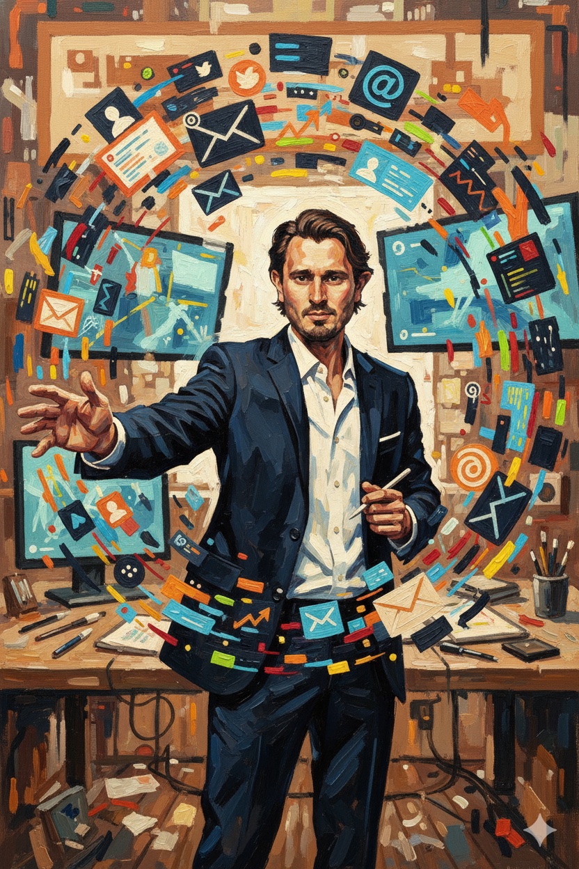 Expressionist oil painting of a figure surrounded by swirling AI-generated marketing content including text, emails, social posts, and data visualizations in bold angular brushstrokes