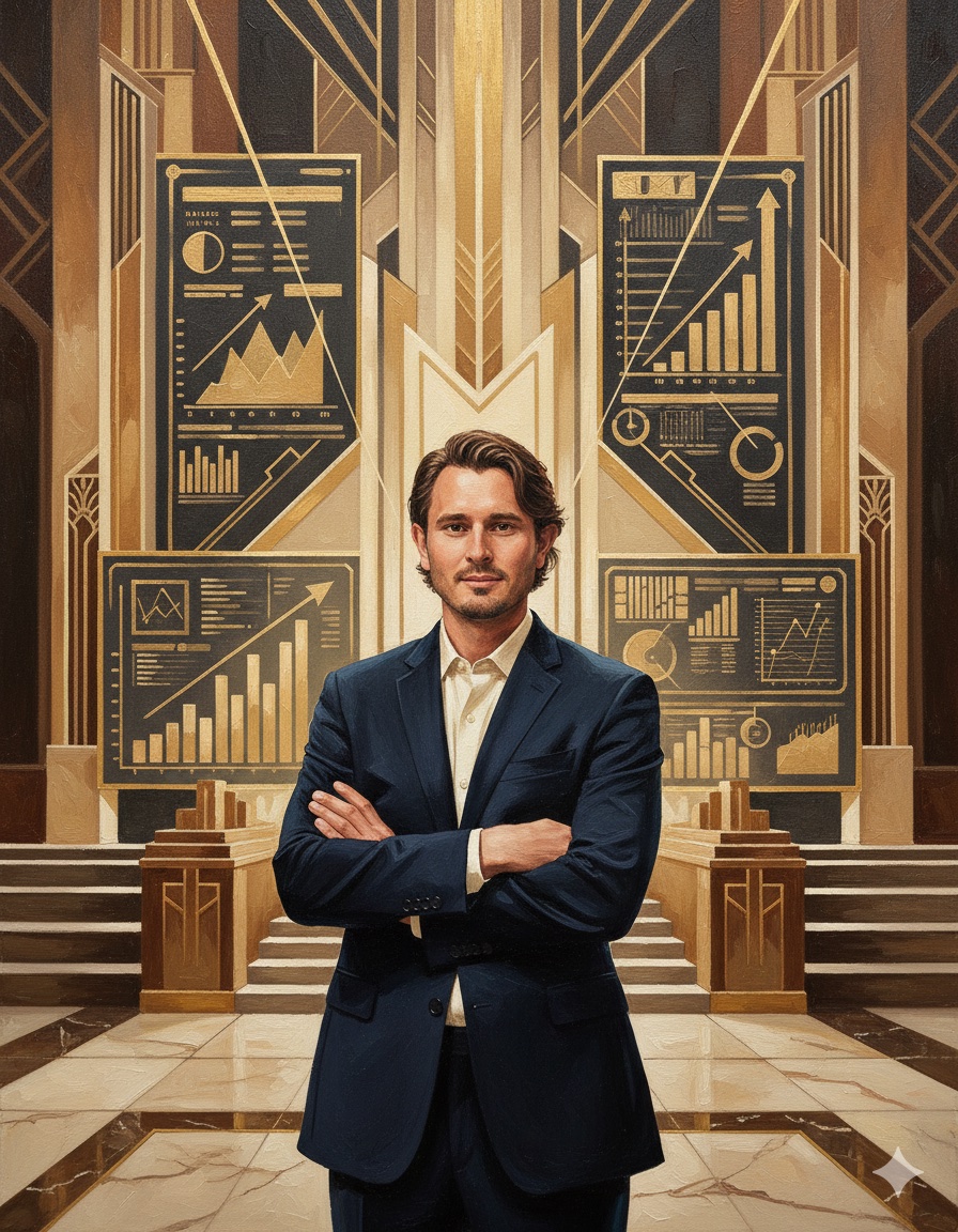 Art Deco oil painting of a marketing professional standing before geometric Google Ads performance dashboards with gold accents and bold diagonal compositions