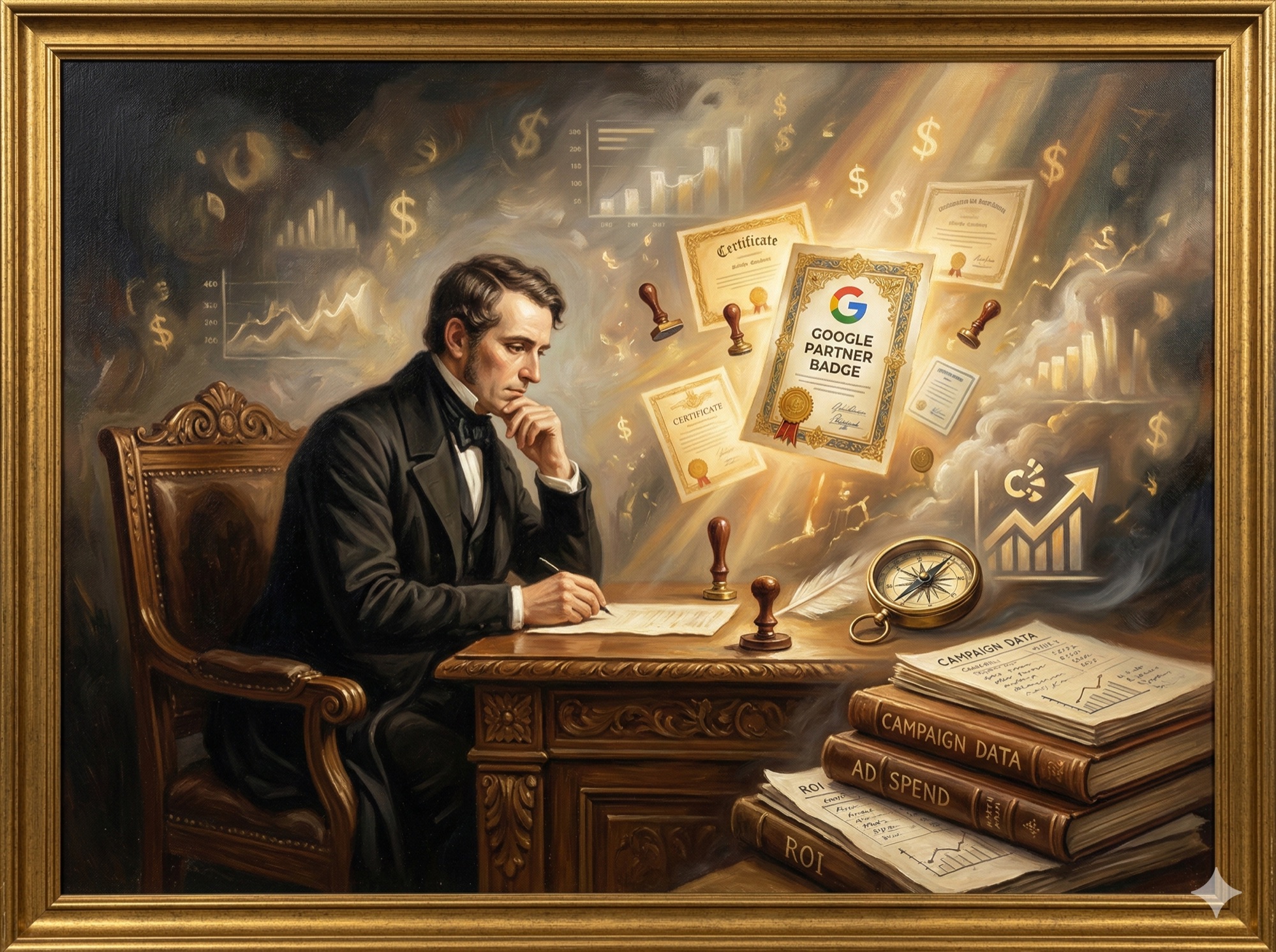 A scholarly figure examining golden certificates and credentials floating in dramatic light