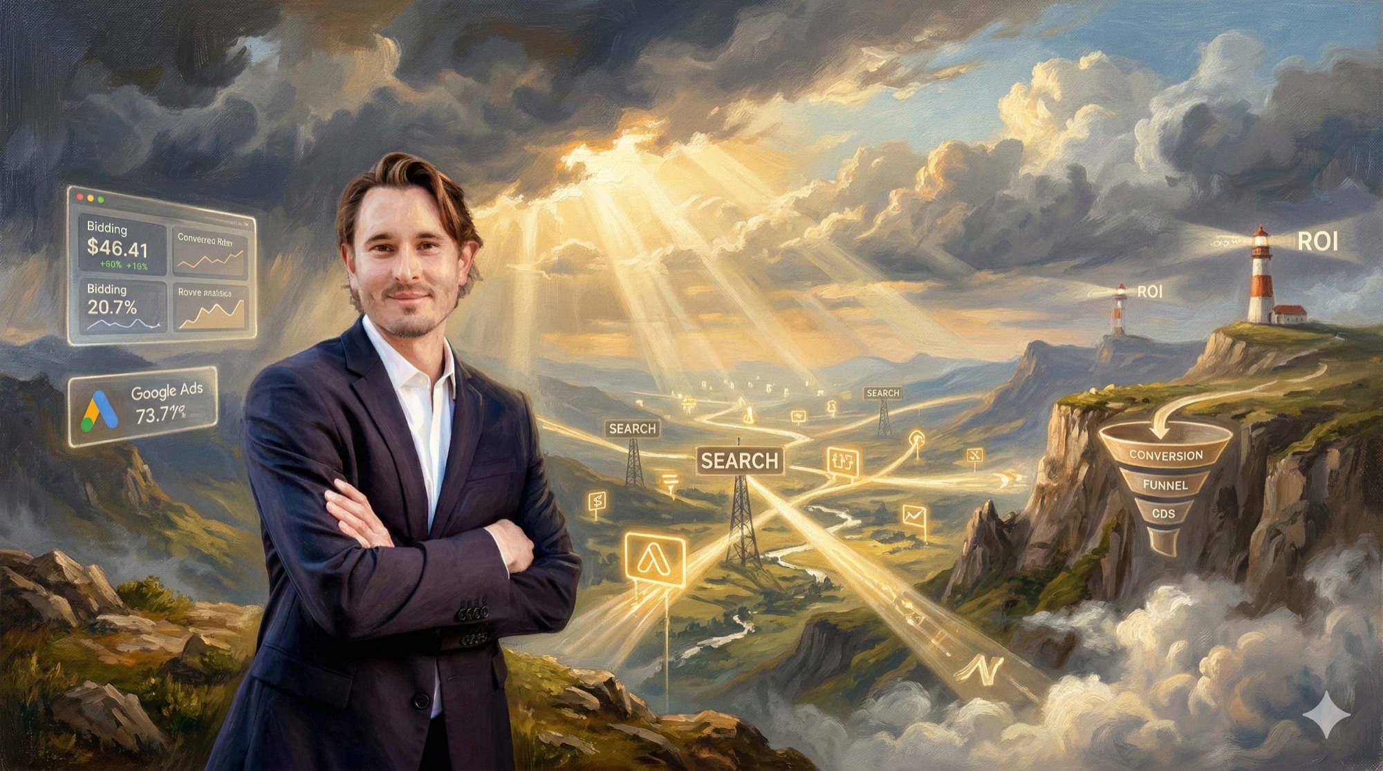 Romanticism oil painting of a confident figure surveying a dramatic landscape of glowing advertising symbols and data rivers