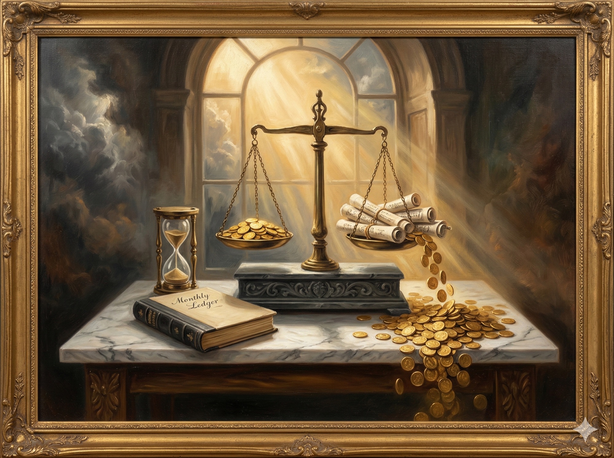 Golden coins, ledger books, and pricing scales balanced on a marble table