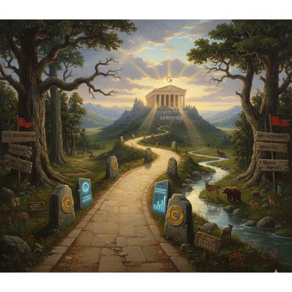 A traveler's path through American wilderness toward a Google Premier Partner temple