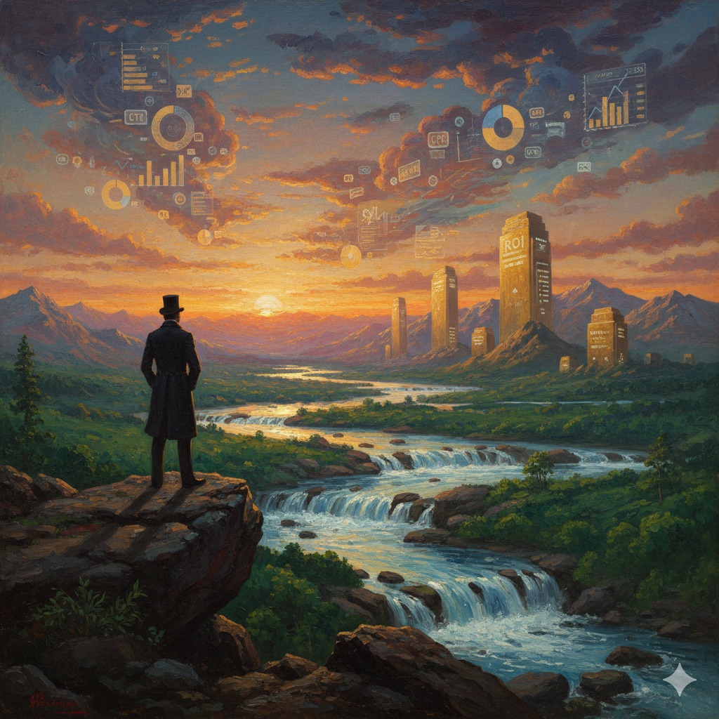 Hudson River School style oil painting of a confident figure on a rocky overlook surveying a majestic valley representing Google Ads mastery with luminous data streams, golden search result towers, and advertising metrics in a dramatic sunset sky