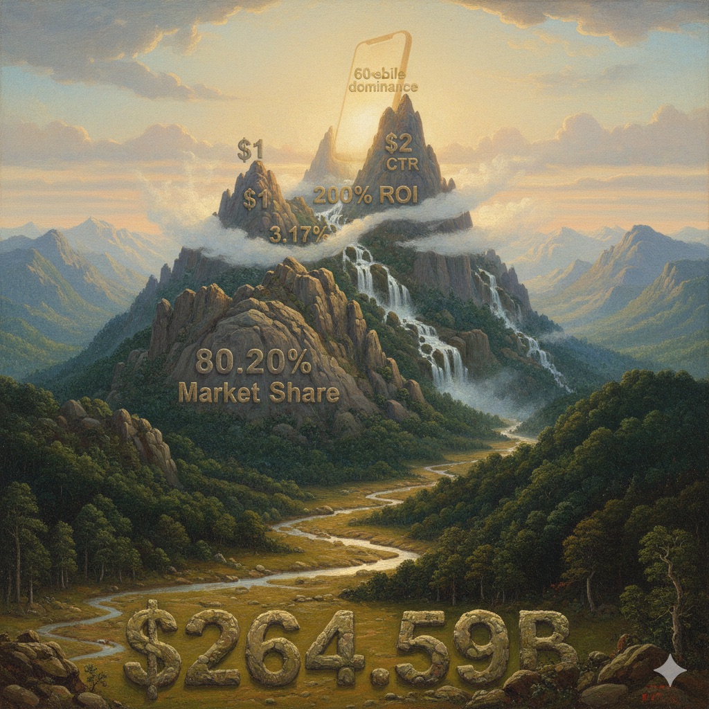 Vertical of an ascending mountain landscape with five elevation levels representing Google Ads