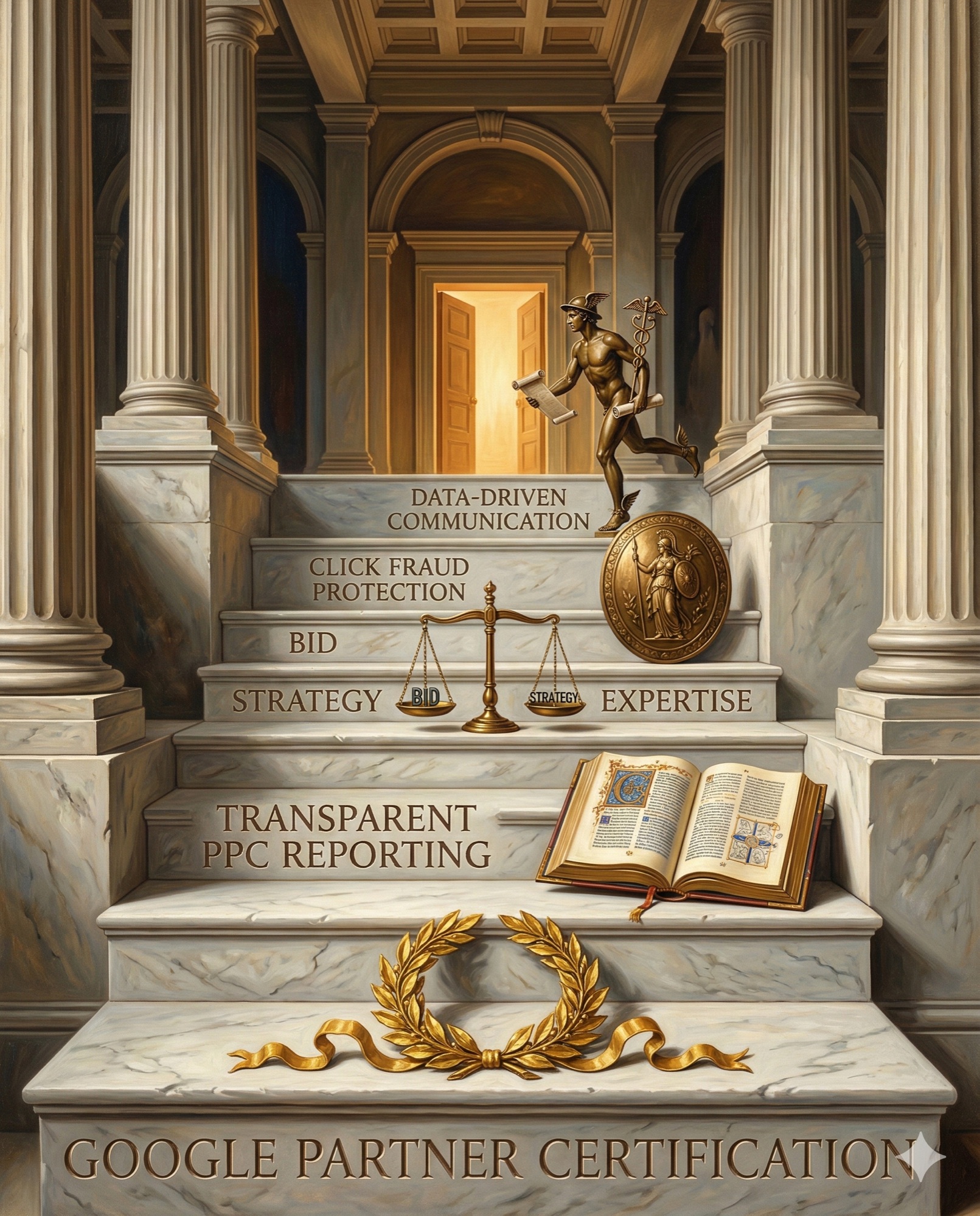 Five ascending temple steps representing criteria for choosing a PPC agency