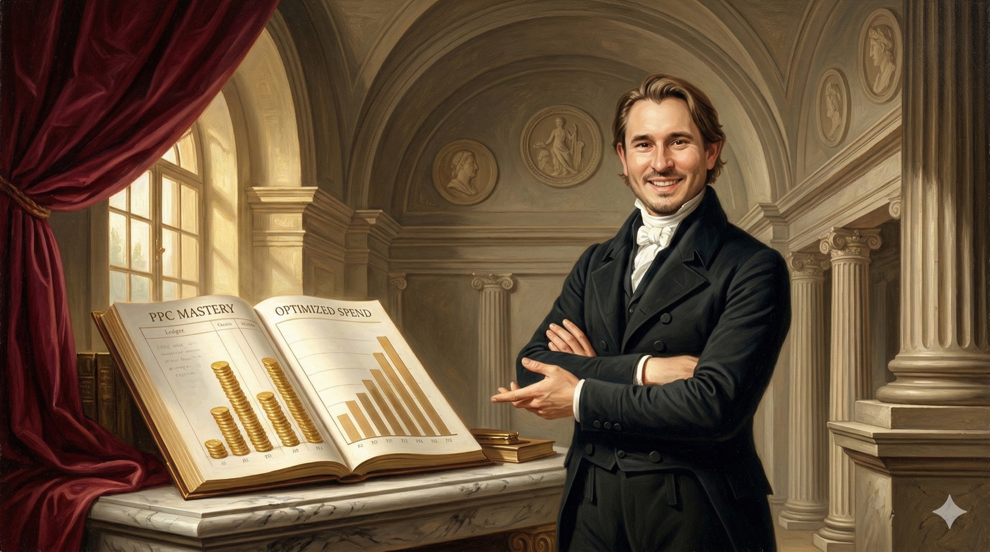 Neoclassical oil painting depicting a PPC strategist commanding pay-per-click campaigns at a classical marble desk with rising performance charts