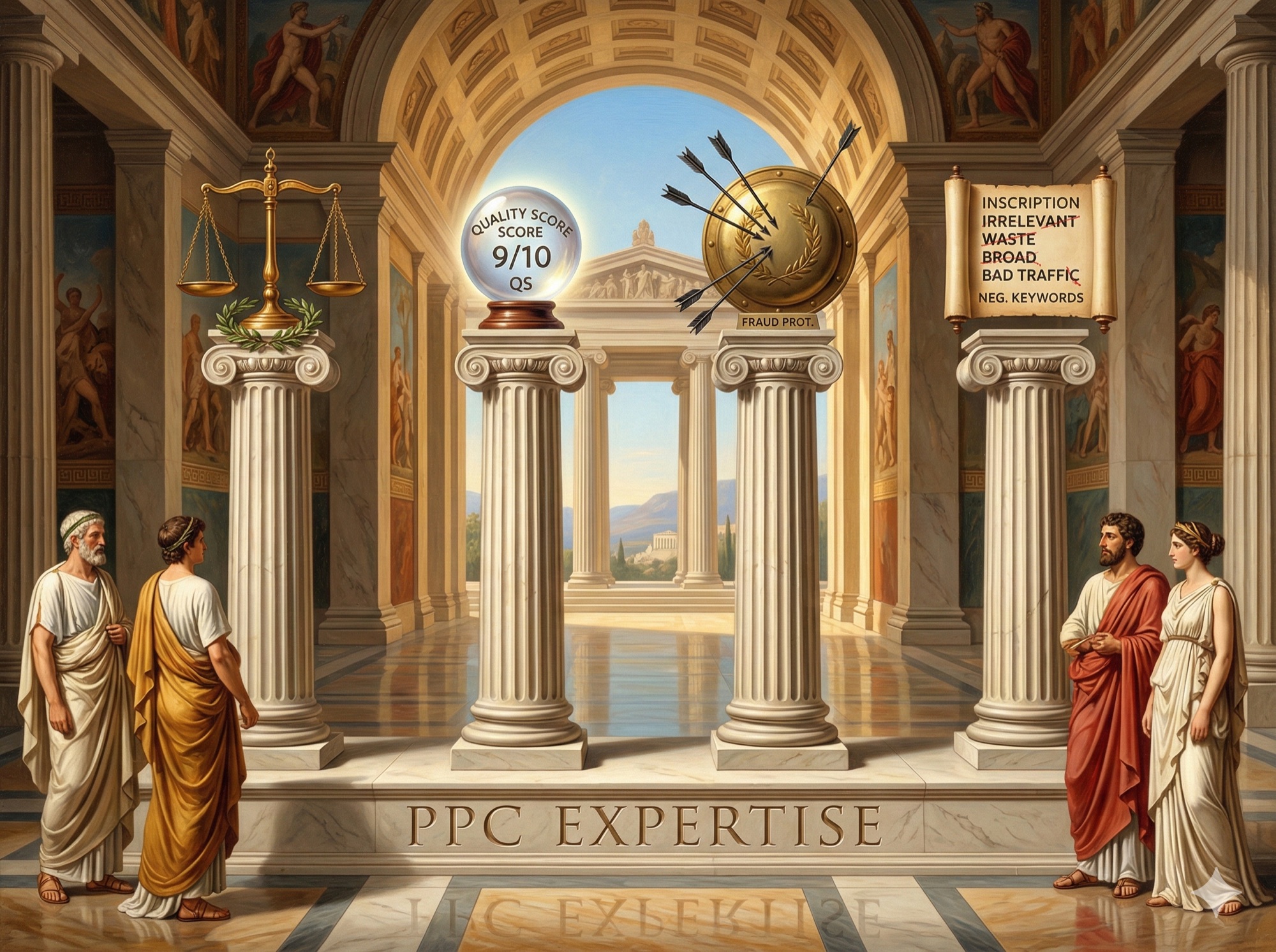 Neoclassical oil painting of four classical pillars symbolizing core PPC agency competencies