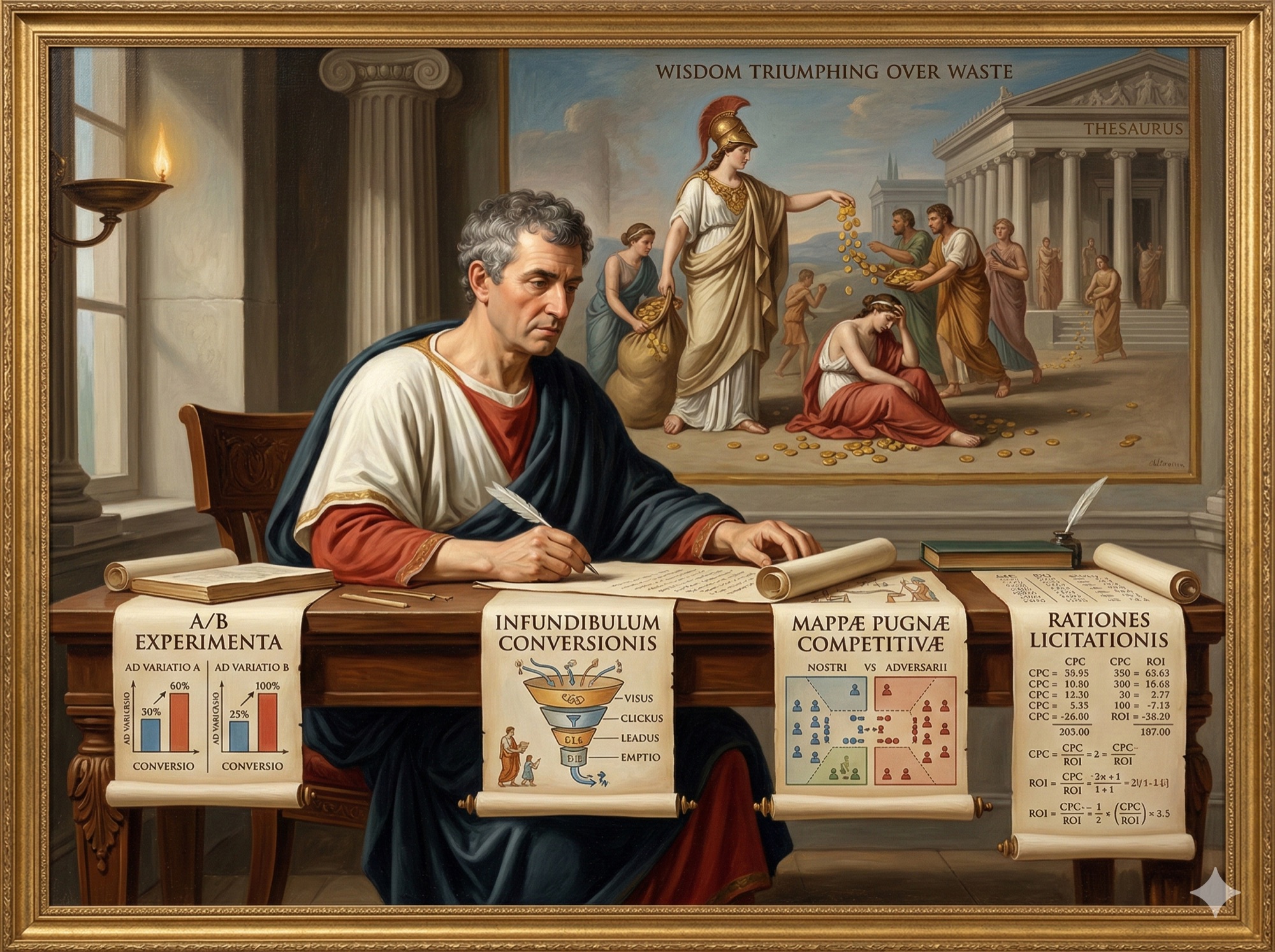 Neoclassical oil painting of a scholar analyzing PPC campaign data scrolls