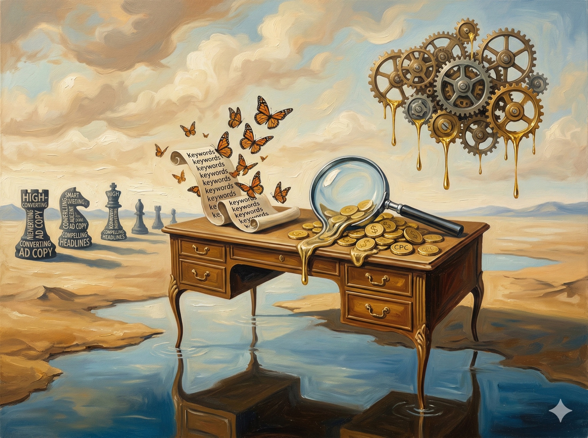 Floating desk with melting magnifying glass and keyword butterflies representing core Google