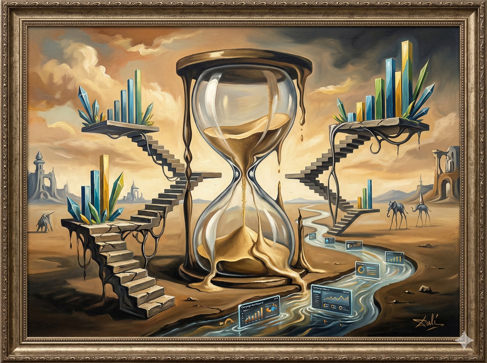With melting hourglass and upward-flowing golden sand representing the ROI of outsourcing