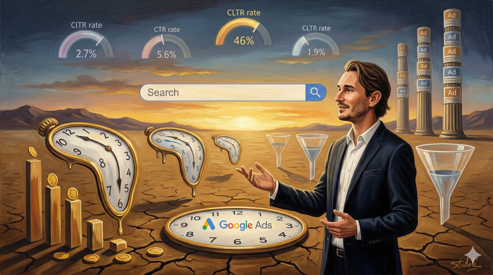 Surrealist oil painting of a figure standing on a desert plain with melting Google Ads dashboards and floating conversion metrics in a Dali-inspired dreamscape