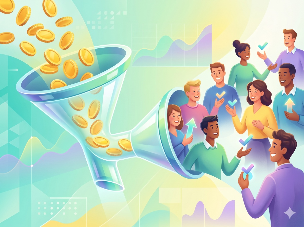 Advertising budget flowing through a funnel and converting into new leads and customers, illustrating Google Ads return on investment