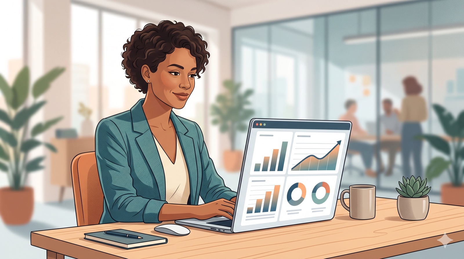 Small business owner reviewing a clean Google Ads analytics dashboard with upward-trending performance charts