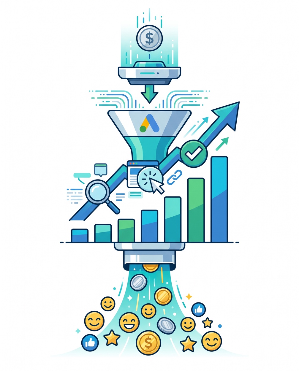 Visual ROI flow showing ad budget moving through a Google Ads funnel and returning roughly double in leads and customers