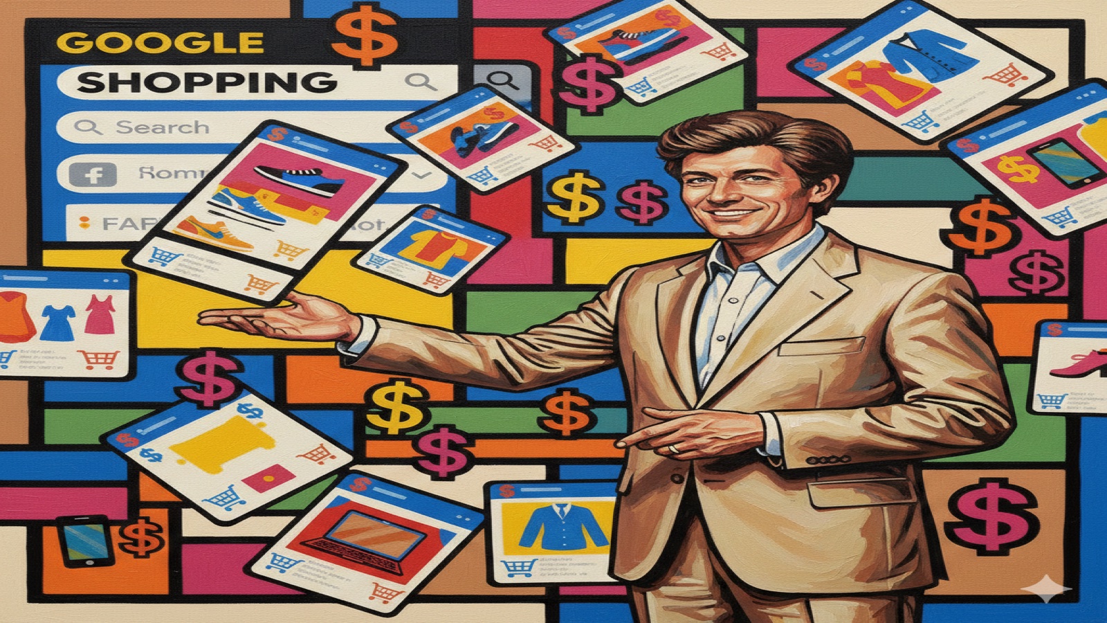 Pop Art oil painting of a digital marketing professional managing Google Shopping product listing ads with bold Warhol-style product cards and shopping icons