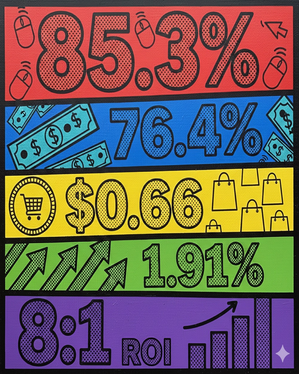 Five key Google Shopping Ads statistics including 85.3% click share and 8:1 ROI