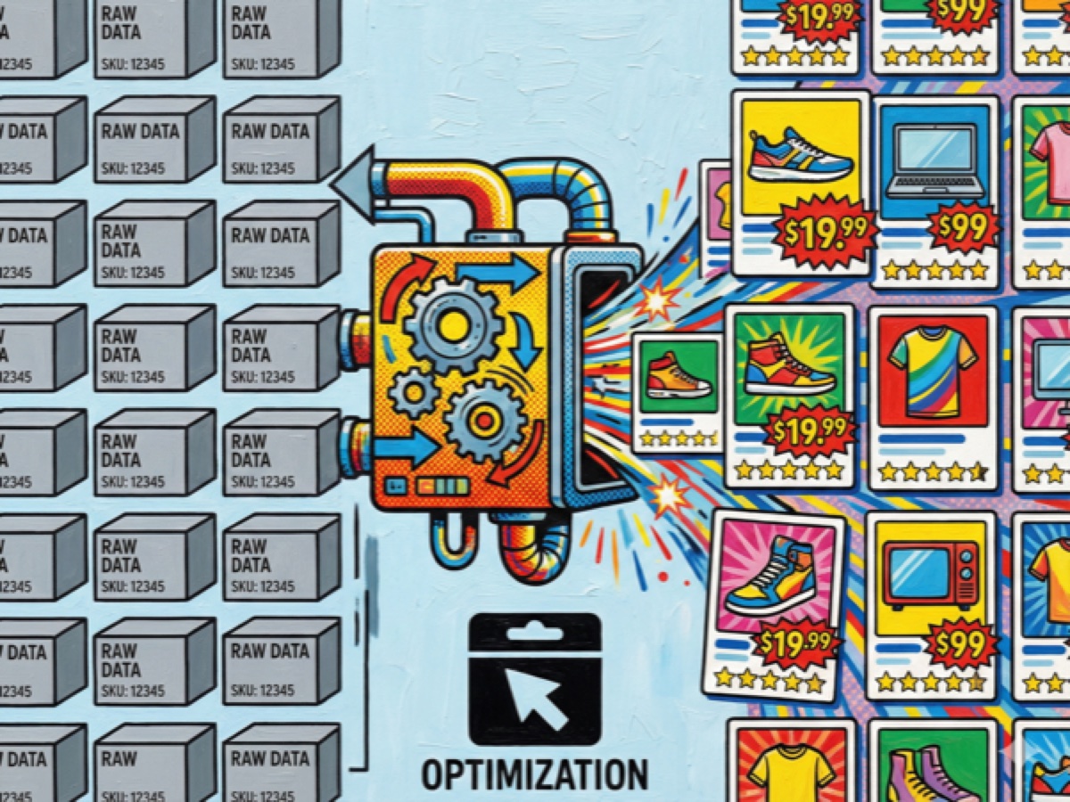 Depiction of product feed optimization transforming raw data into vibrant Google Shopping