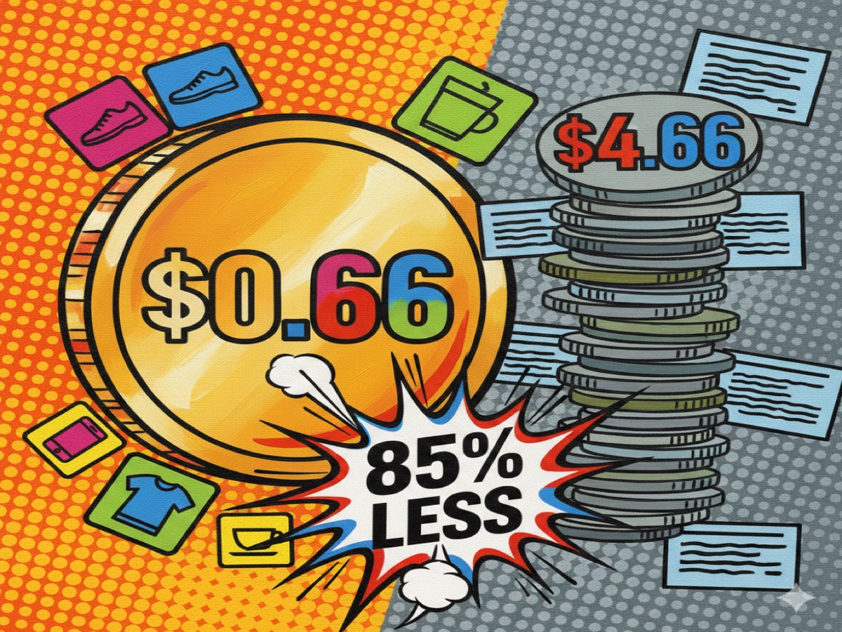 Comparison showing Google Shopping Ads at $0.66 CPC versus Search Ads at $4.66 CPC with 85%