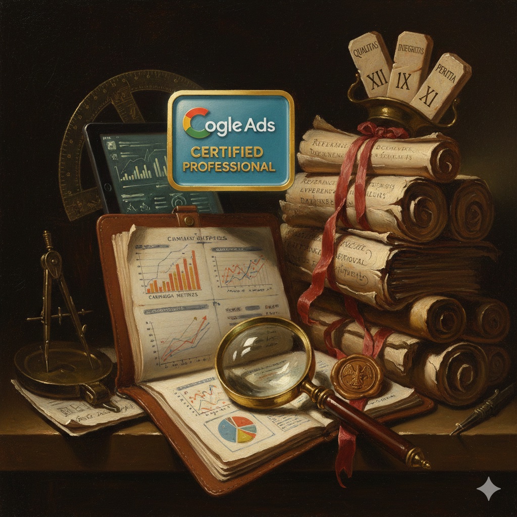 Google Ads expert consulting with client about PPC campaign strategy in dramatic tenebrism style