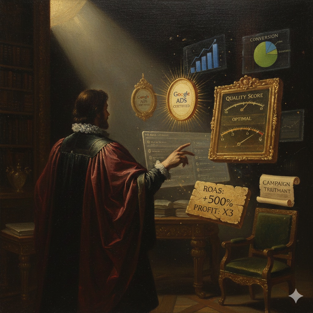 Dramatic Baroque-style scene of a Google Ads expert analyzing campaign data with theatrical lighting