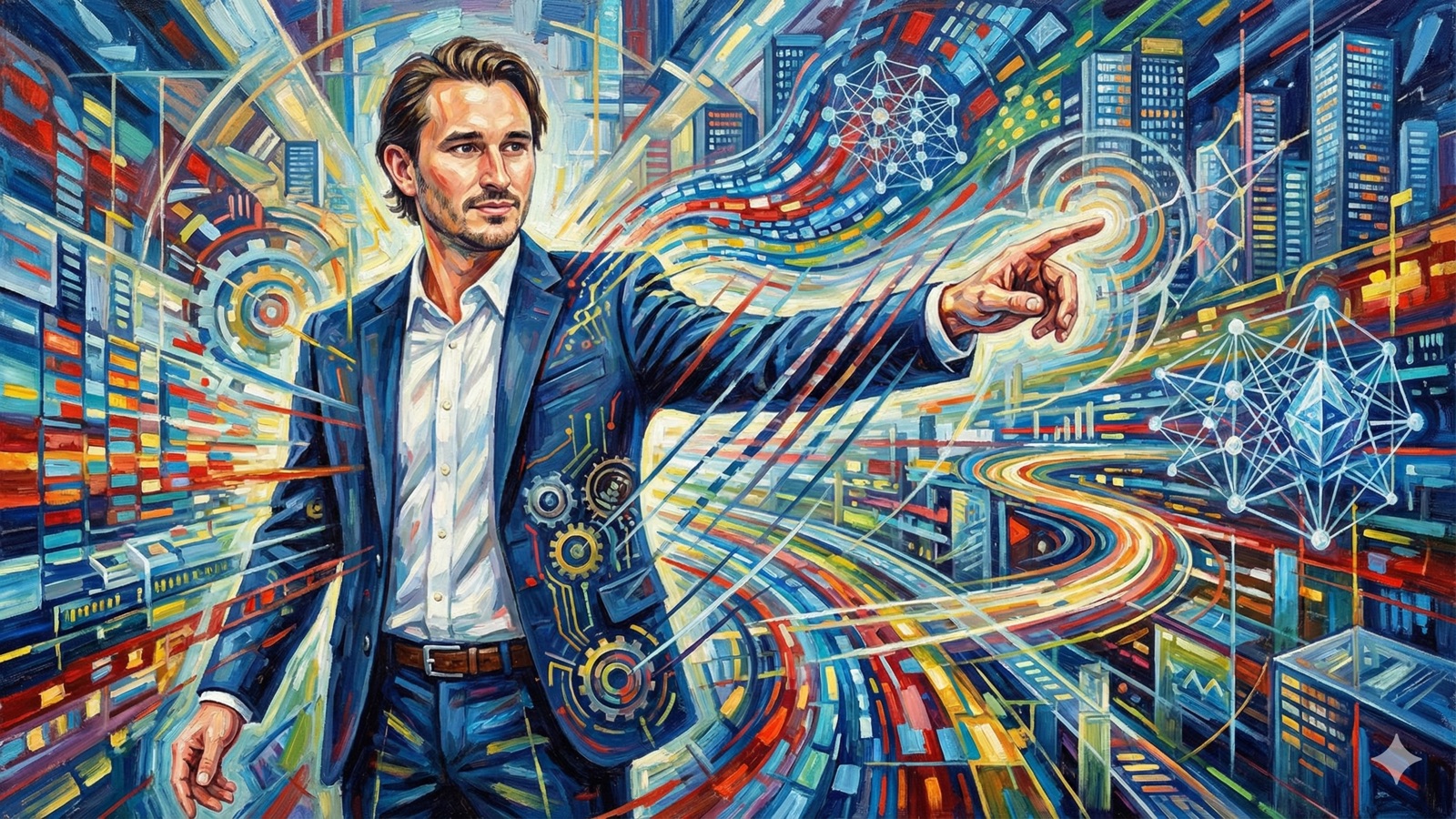 Matt Kundo standing amid swirling AI data visualizations and neural network patterns in Futurism oil painting style