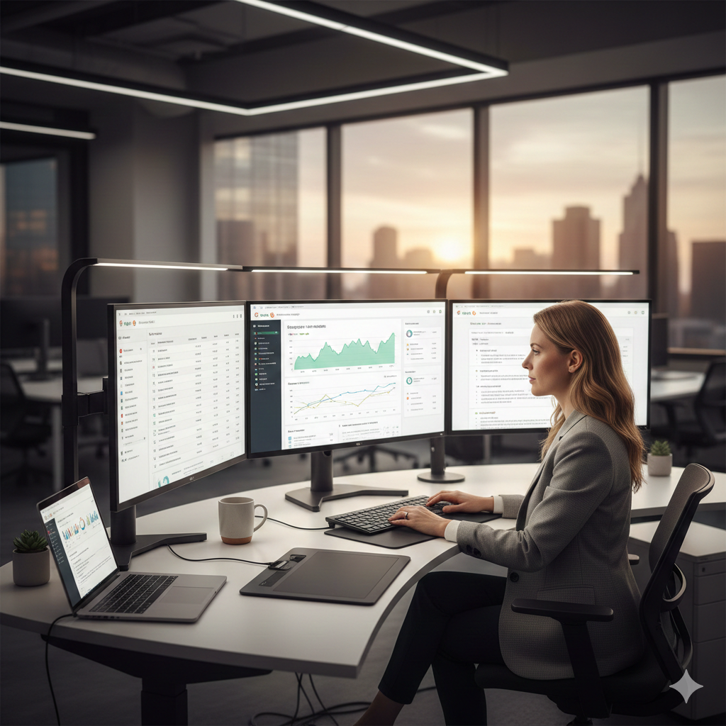 Digital marketing consultant working on SEO strategy with website analytics displayed on multiple screens