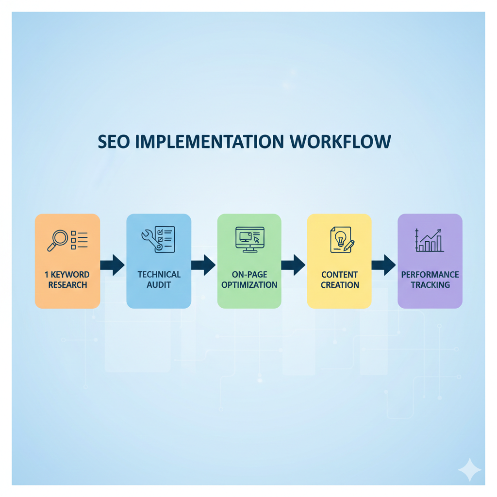 Step-by-step SEO implementation workflow from keyword research to performance tracking