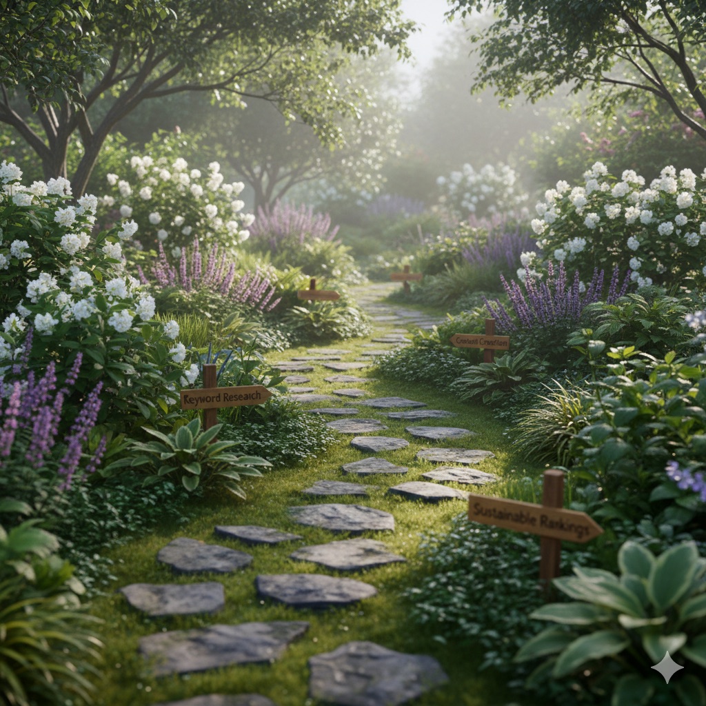 Garden pathway representing the organic growth journey of search engine optimization