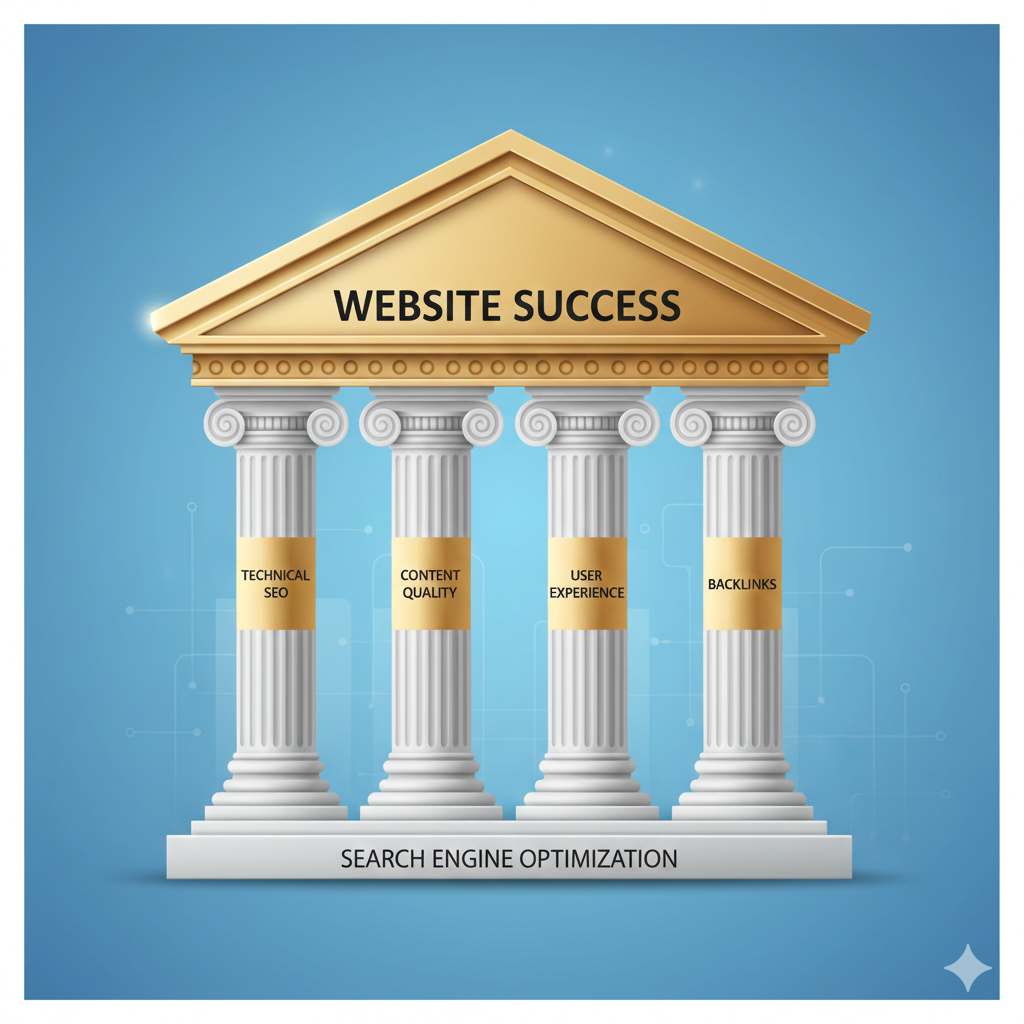Four pillars of SEO illustrated as architectural columns supporting website success