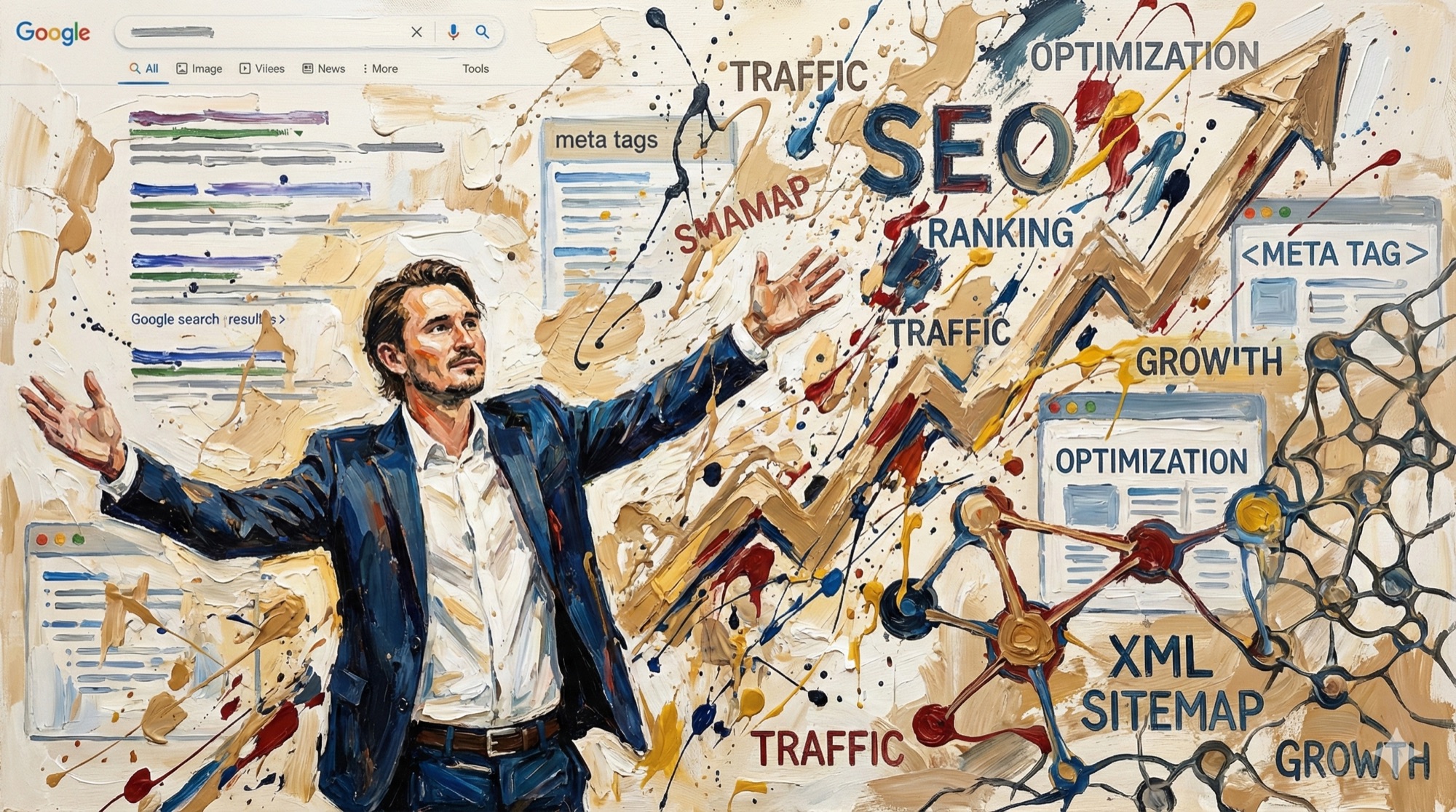 Abstract Expressionist oil painting showing a digital marketing professional surrounded by dynamic SEO visualization elements