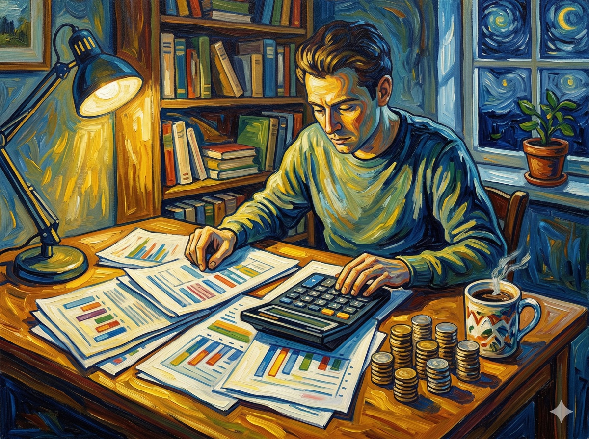 Business owner reviewing agency pricing and budget documents with calculator and financial charts