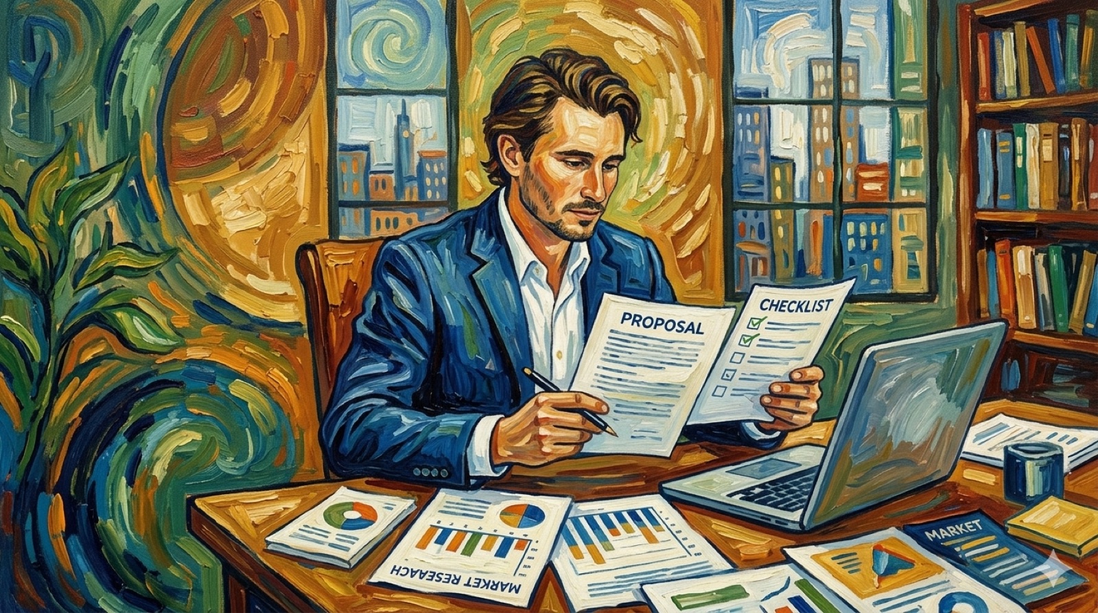 Small business owner evaluating marketing agency options at a desk with charts and proposals
