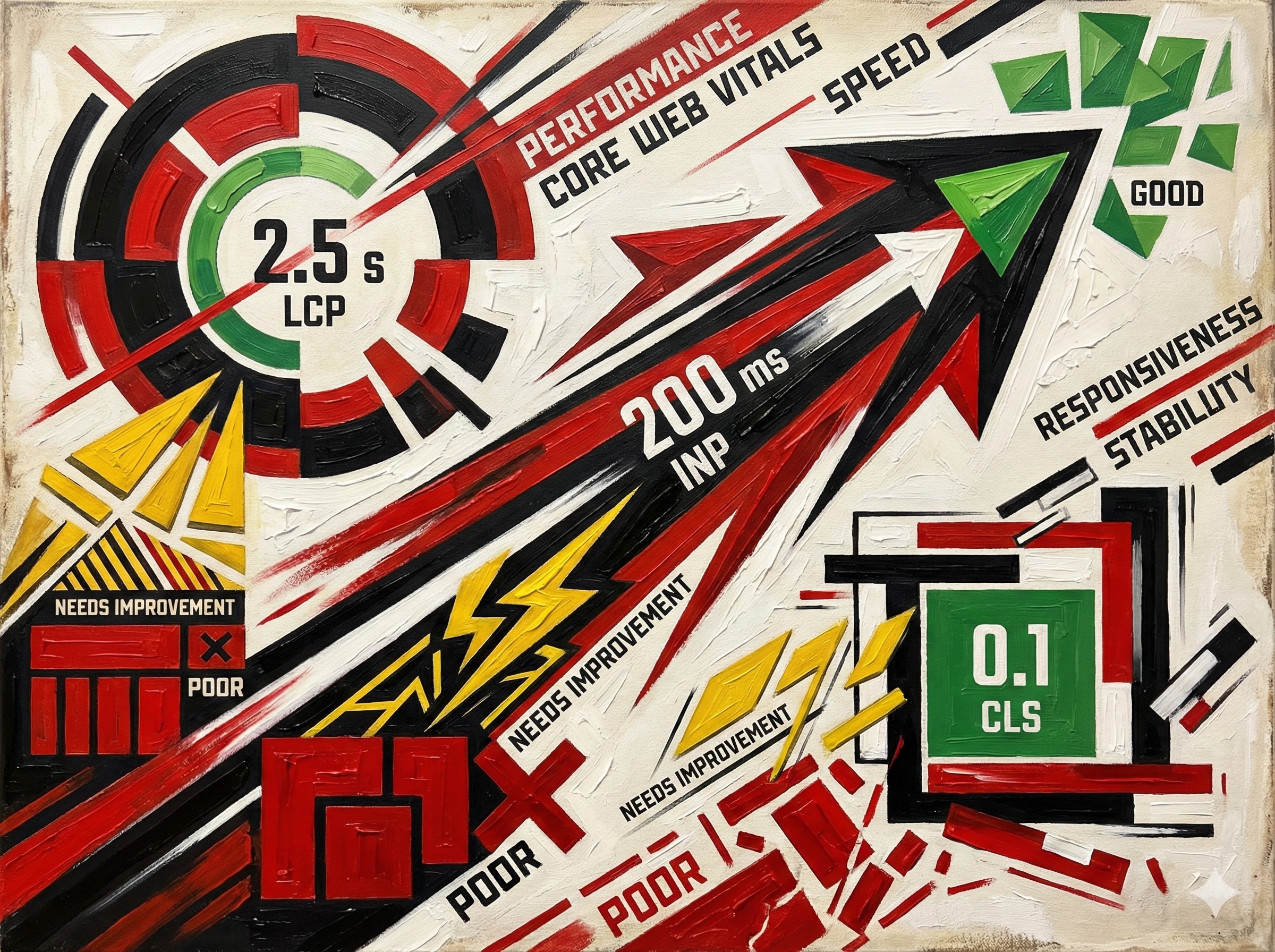 Core Web Vitals metrics diagram showing LCP, INP, and CLS as geometric forms with performance threshold indicators in Constructivism style