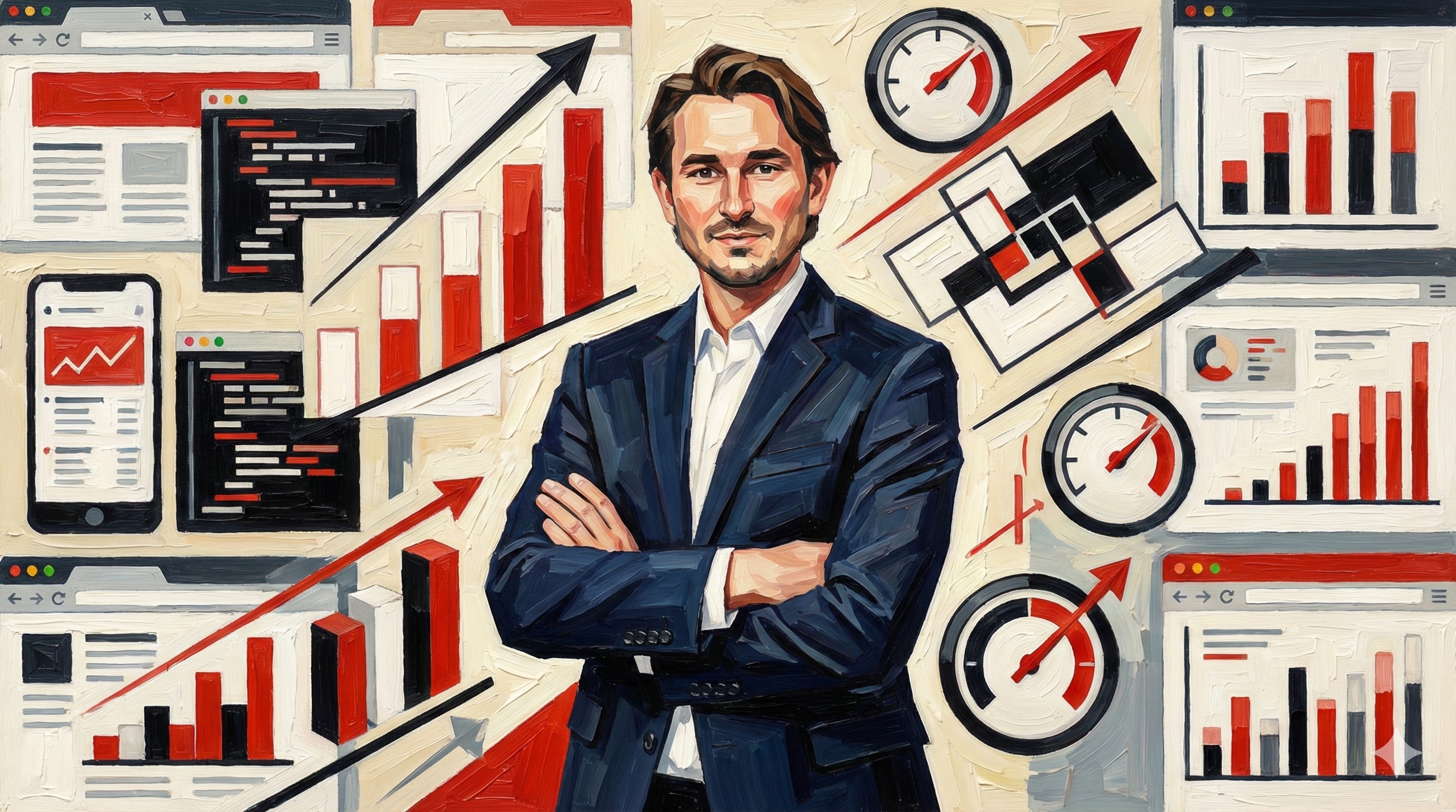 Website optimization concept showing performance metrics and digital tools in Constructivism style