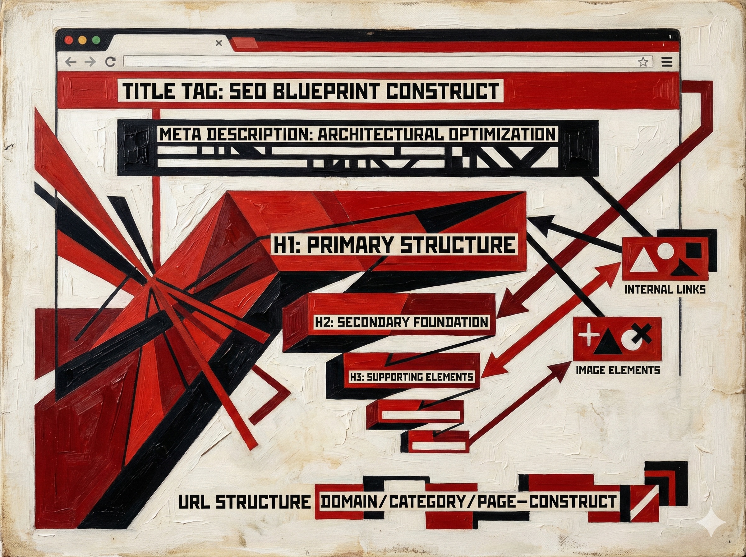 On-page SEO elements architectural diagram showing title tags, meta descriptions, headers, and internal links as geometric Constructivist forms