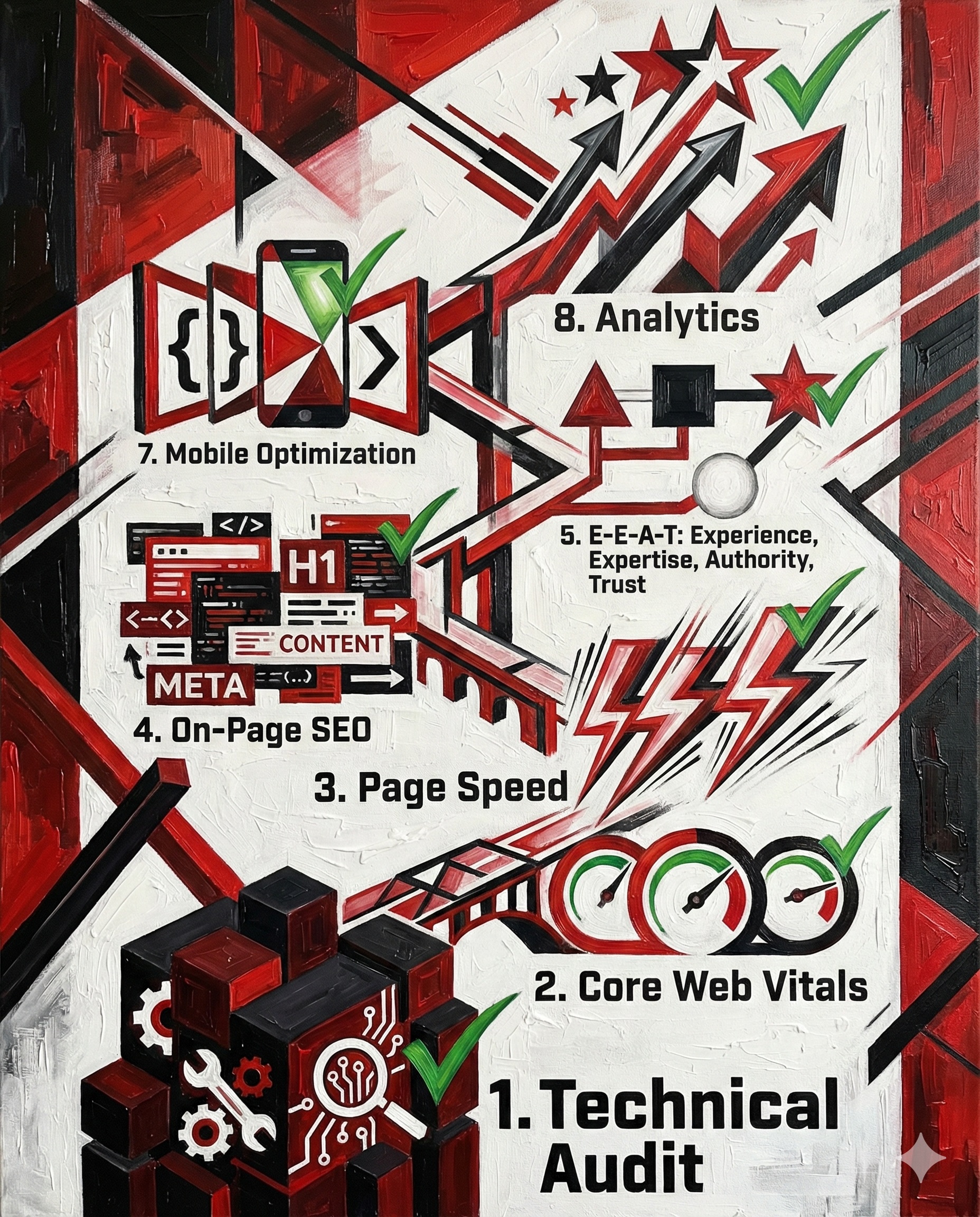 8-step website optimization checklist infographic showing ascending progression from technical audit through analytics setup in Constructivism style